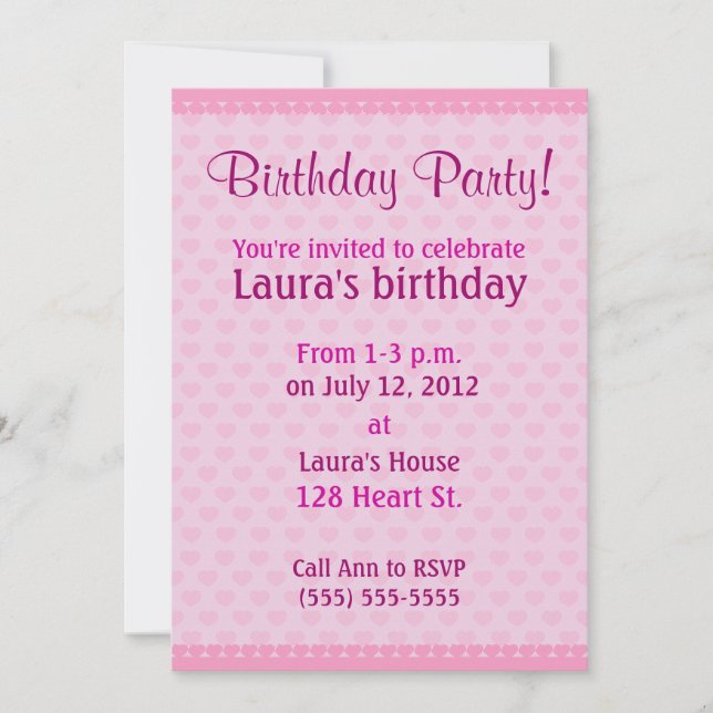 Invitación a la fiesta de cumpleaños de los corazo (Anverso)