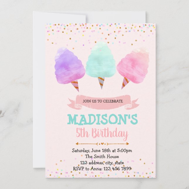 Invitación a la fiesta de cumpleaños de los dulces (Anverso)