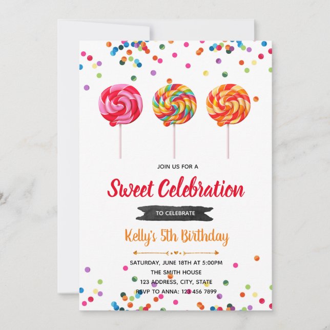 Invitación a la fiesta de cumpleaños de los dulces (Anverso)