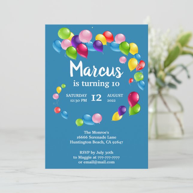 Invitación a la fiesta de cumpleaños de los globos (Anverso de pie)