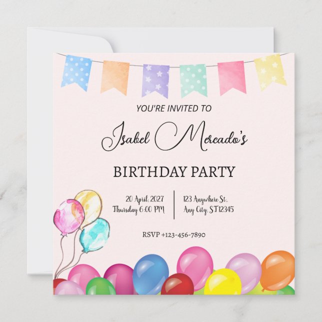 Invitación a la fiesta de cumpleaños de los globos (Anverso)