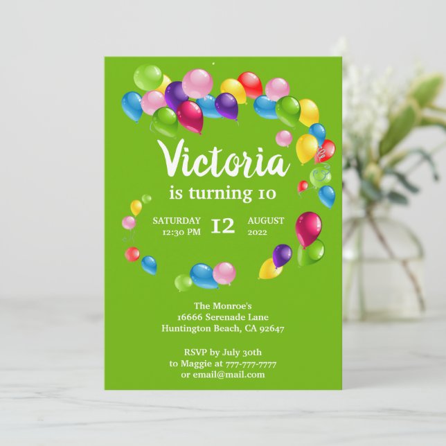 Invitación a la fiesta de cumpleaños de los globos (Anverso de pie)