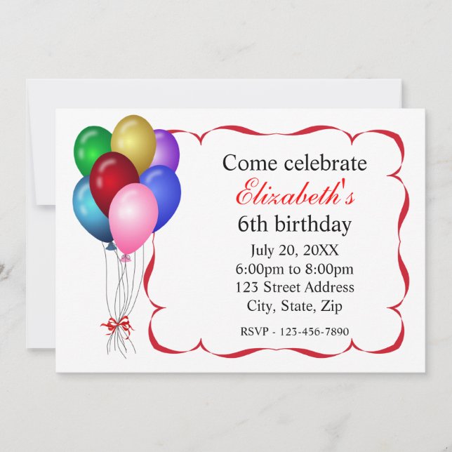 Invitación a la fiesta de cumpleaños de los globos (Anverso)