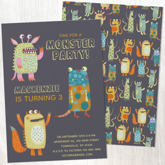 Invitación a la fiesta de cumpleaños de los niños  (Cute monster kids age personalized birthday party invitation)