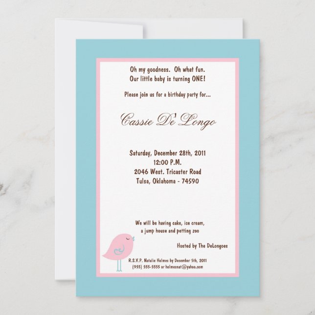 Invitación a la fiesta de cumpleaños de los pájaro (Anverso)
