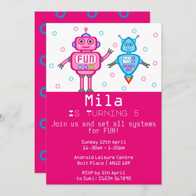 Invitación a la fiesta de cumpleaños de los robots (Anverso / Reverso)