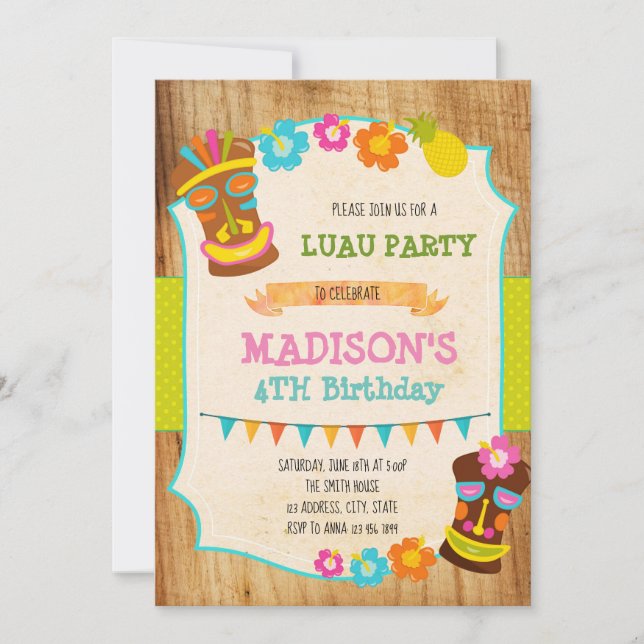 Invitación a la fiesta de cumpleaños de Luau (Anverso)