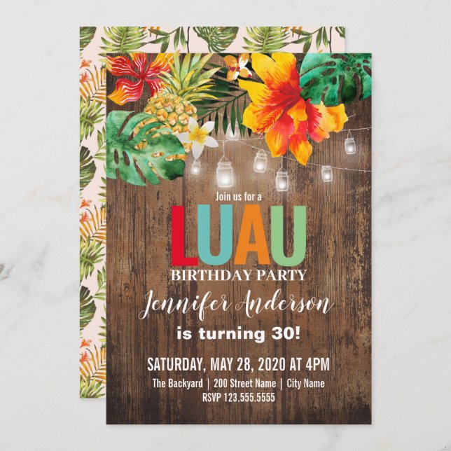 Invitación a la fiesta de cumpleaños de Luau (Anverso / Reverso)