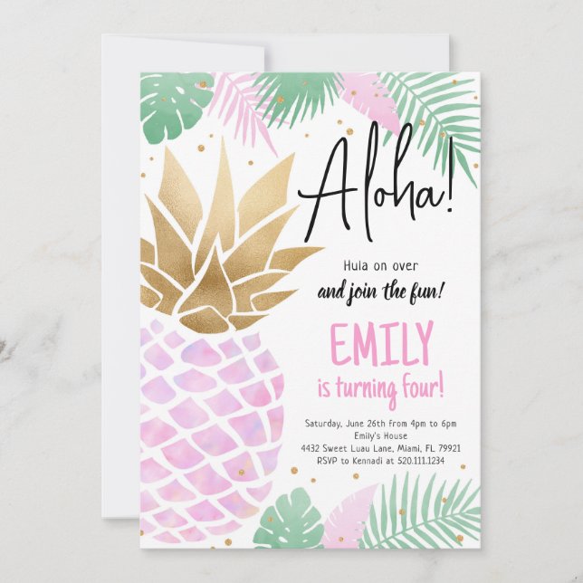 Invitación a la fiesta de cumpleaños de Luau Aloha (Anverso)