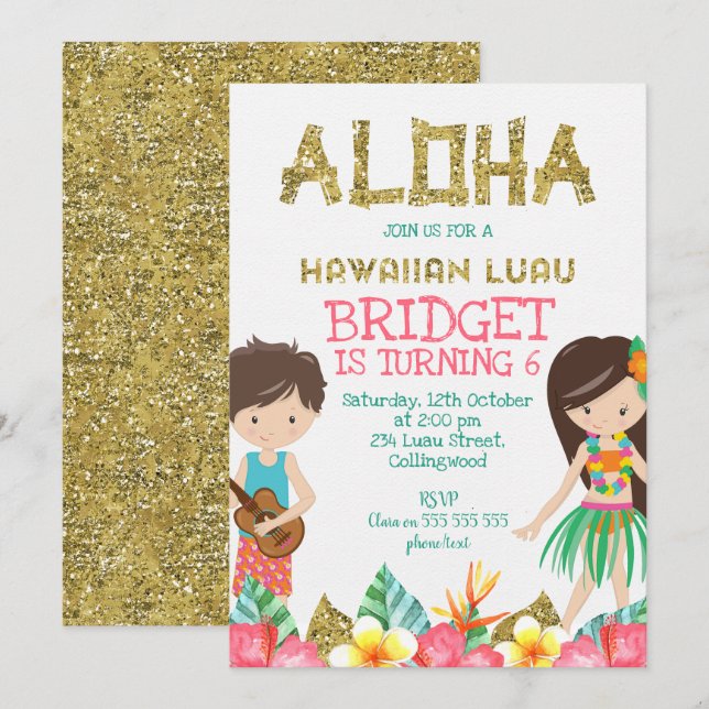 Invitación a la fiesta de cumpleaños de Luau en Ha (Anverso / Reverso)