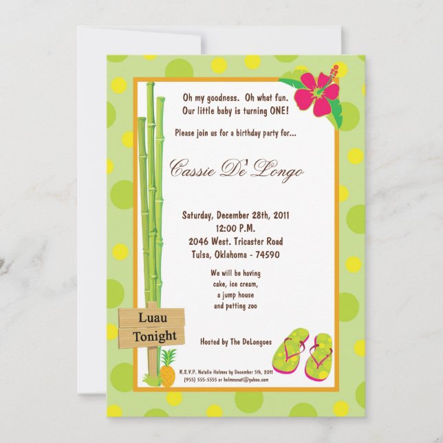 Invitación a la fiesta de cumpleaños de Luau las 5 (Anverso)