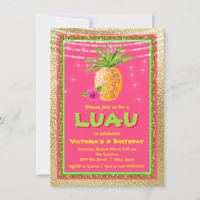Invitación a la fiesta de cumpleaños de Luau Tropi (Anverso)
