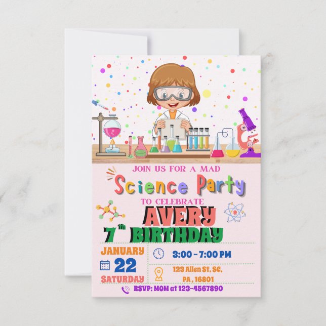 Invitación a la fiesta de cumpleaños de Mad Scienc (Anverso)