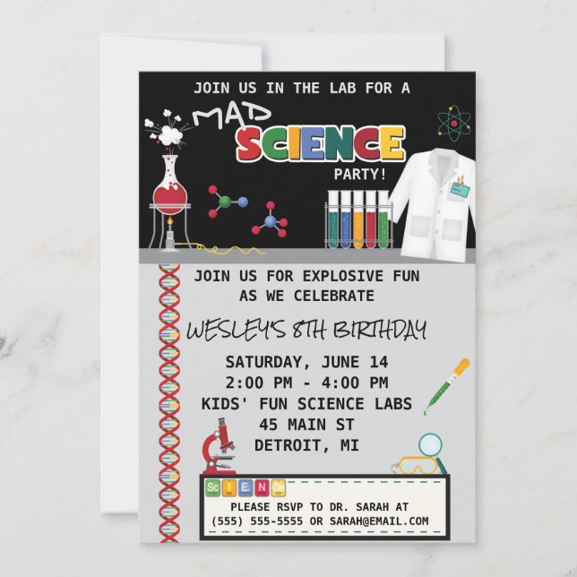 Invitación a la fiesta de cumpleaños de Mad Scienc (Anverso)