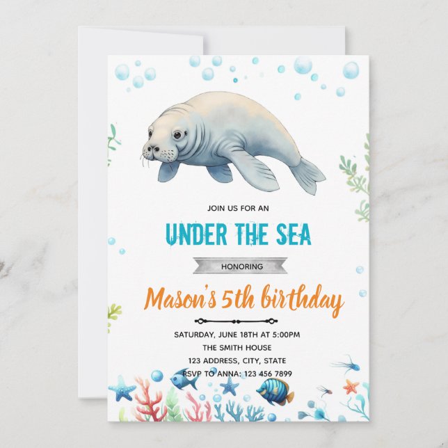 Invitación a la fiesta de cumpleaños de Manatee (Anverso)