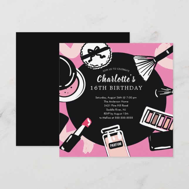 Invitación a la fiesta de cumpleaños de maquillaje (Anverso / Reverso)
