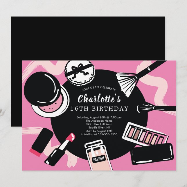 Invitación a la fiesta de cumpleaños de maquillaje (Anverso / Reverso)
