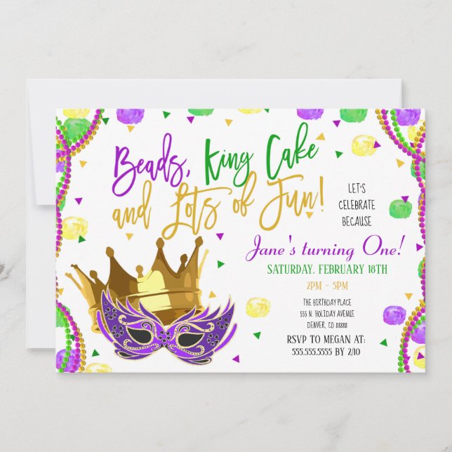 Invitación a la fiesta de cumpleaños de Mardi Gras (Anverso)
