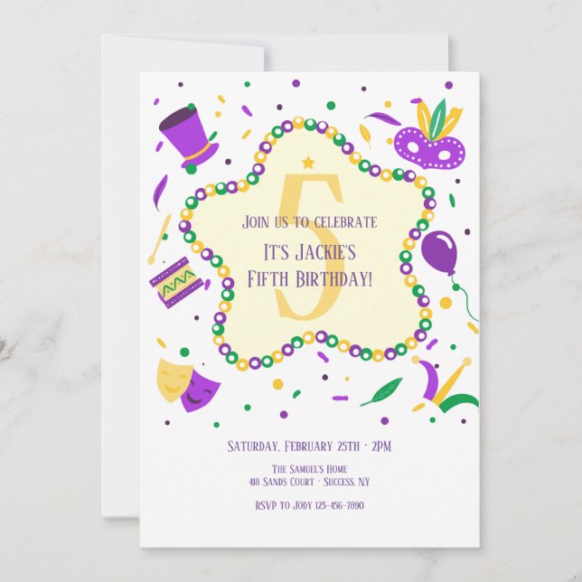 Invitación a la fiesta de cumpleaños de Mardi Gras (Anverso)