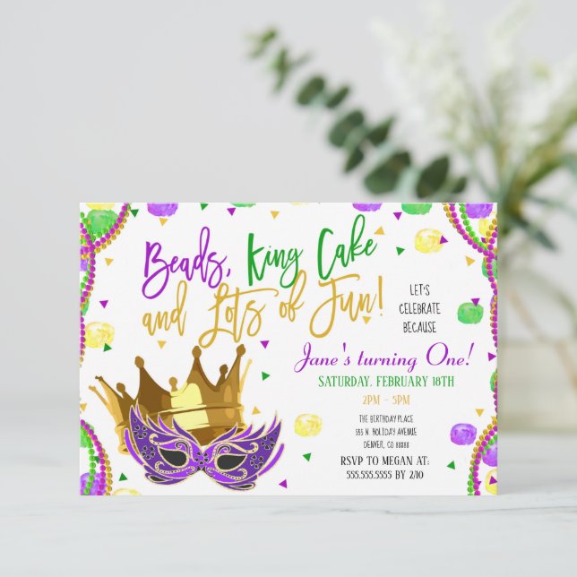 Invitación a la fiesta de cumpleaños de Mardi Gras (Anverso de pie)