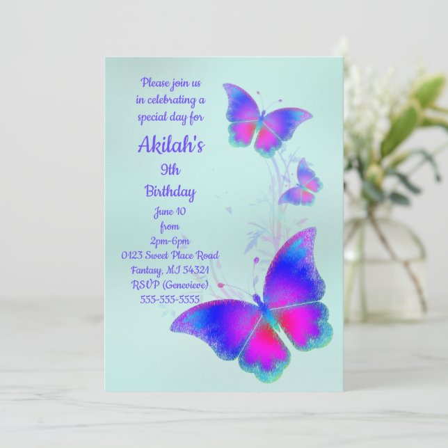 Invitación a la fiesta de cumpleaños de mariposa (Anverso de pie)