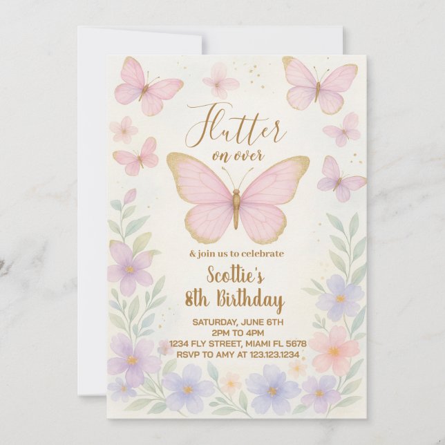 Invitación a la fiesta de cumpleaños de mariposa e (Anverso)