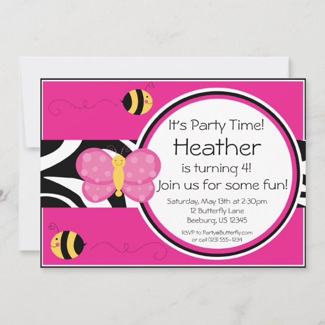 Invitación a la fiesta de cumpleaños de mariposas  (Anverso)