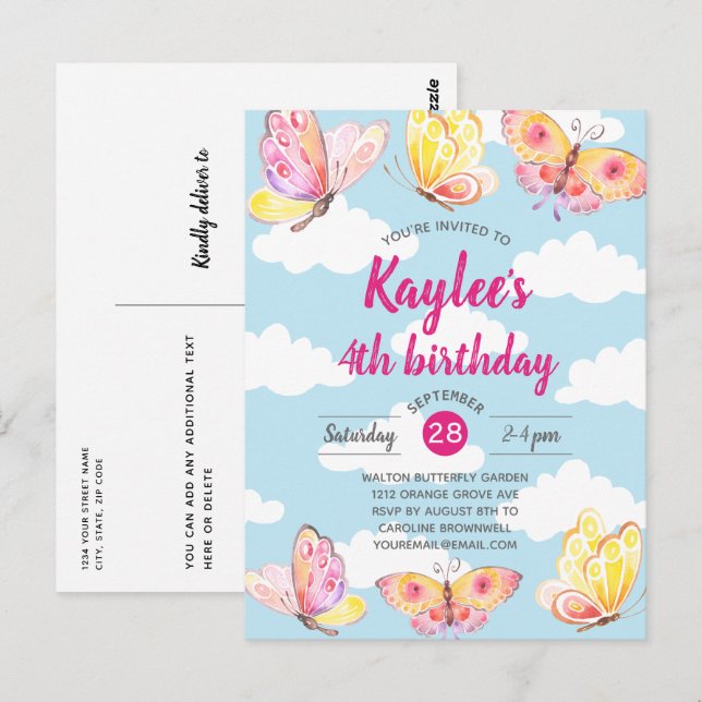 Invitación a la fiesta de cumpleaños de mariposas  (Anverso / Reverso)