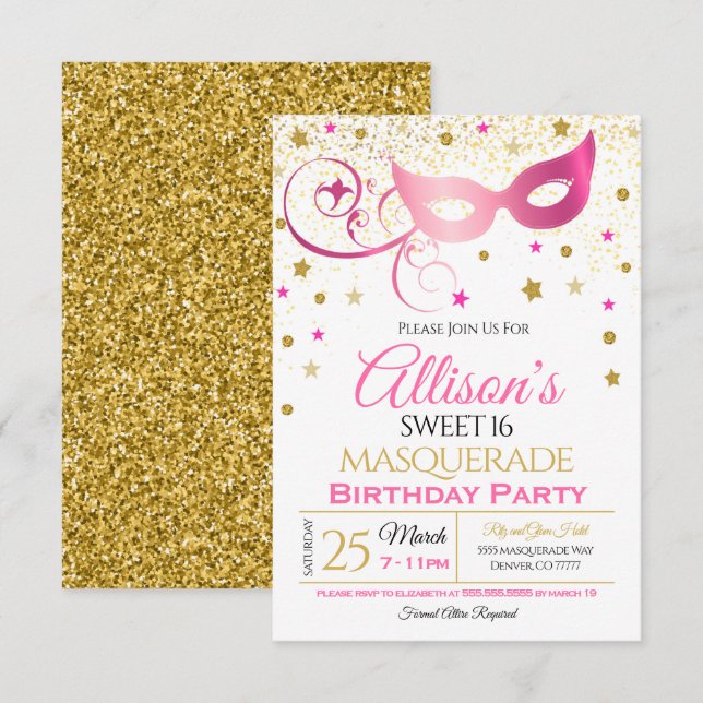 Invitación a la fiesta de cumpleaños de mascarada  (Anverso / Reverso)