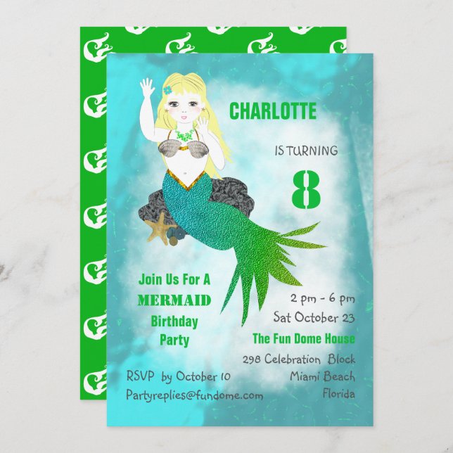 Invitación a la fiesta de cumpleaños de Mermaid Cu (Anverso / Reverso)