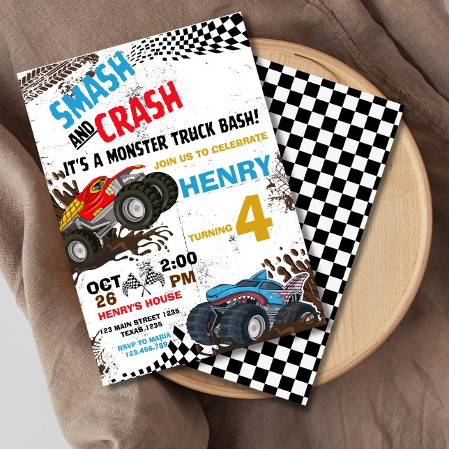 Invitación a la fiesta de cumpleaños de Monster Tr (MONSTER TRUCK BIRTHDAY INVITATION, SMASH AND CRASH ITS A MONSTER BASH)