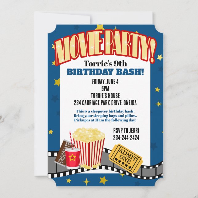 Invitación a la fiesta de cumpleaños de Movie Nigh (Anverso)