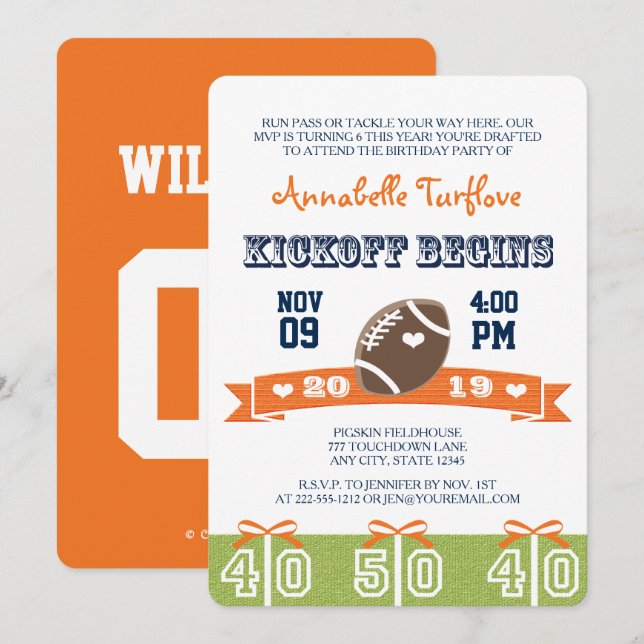 Invitación a la fiesta de cumpleaños de naranja y  (Anverso / Reverso)