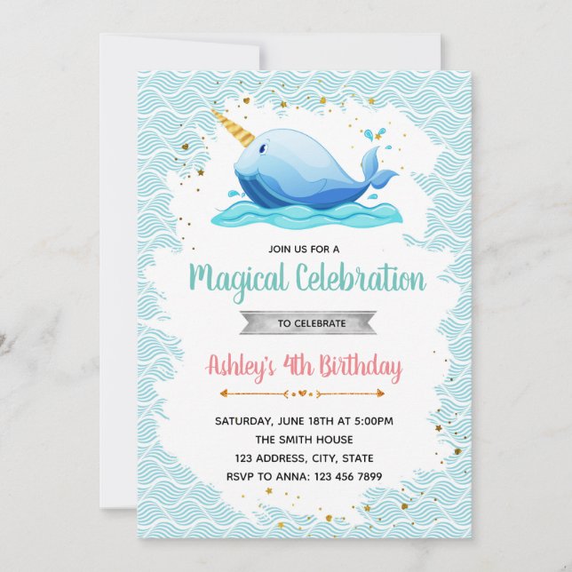 Invitación a la fiesta de cumpleaños de Narwhal (Anverso)