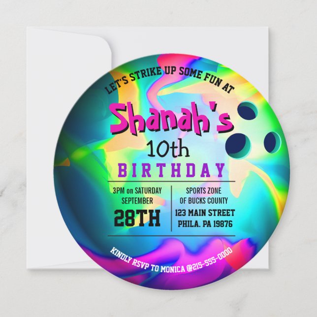 Invitación a la fiesta de cumpleaños de NEON BOWLI (Anverso)