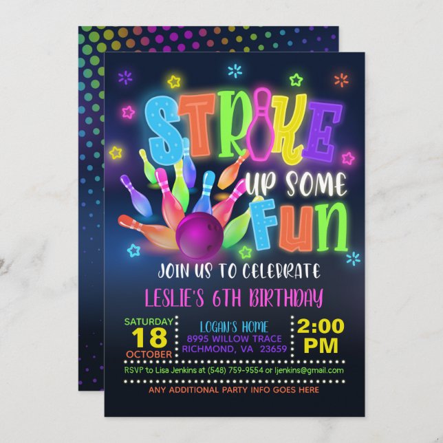 Invitación a la fiesta de cumpleaños de Neon Bowli (Anverso / Reverso)