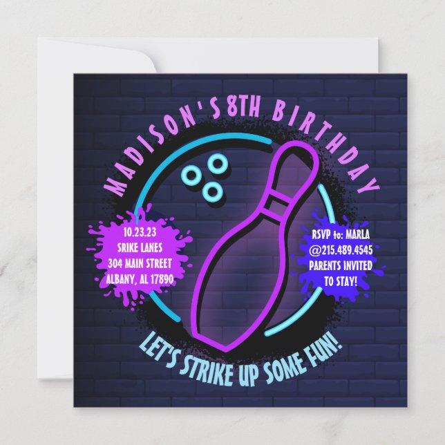 Invitación a la fiesta de cumpleaños de NEON BOWLI (Anverso)