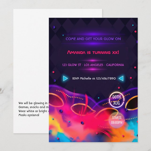 Invitación a la fiesta de cumpleaños de Neon Glow (Anverso / Reverso)