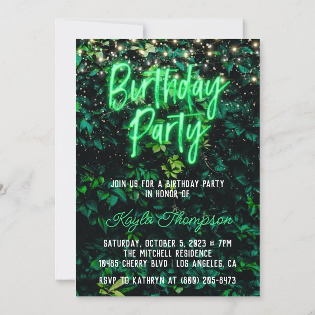 Invitación a la fiesta de cumpleaños de Neon Green (Reverso)