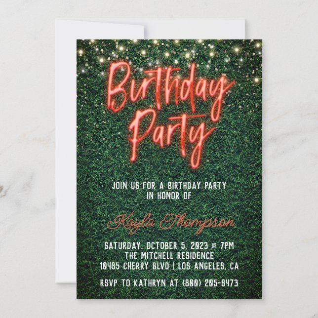 Invitación a la fiesta de cumpleaños de Neon Green (Reverso)