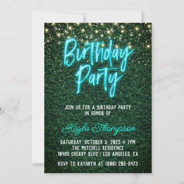 Invitación a la fiesta de cumpleaños de Neon Green (Reverso)