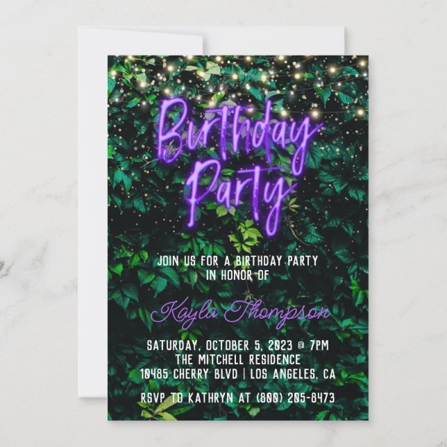 Invitación a la fiesta de cumpleaños de Neon Green (Reverso)