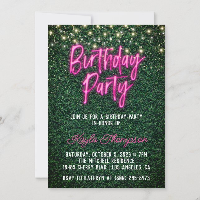 Invitación a la fiesta de cumpleaños de Neon Green (Reverso)