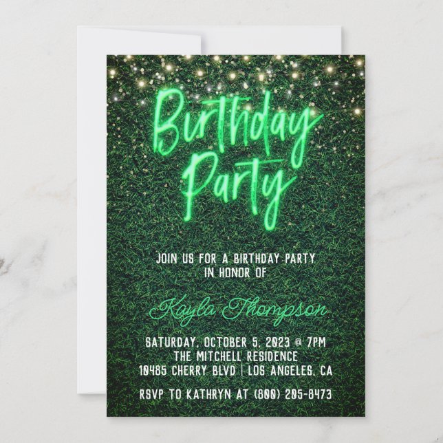 Invitación a la fiesta de cumpleaños de Neon Green (Reverso)
