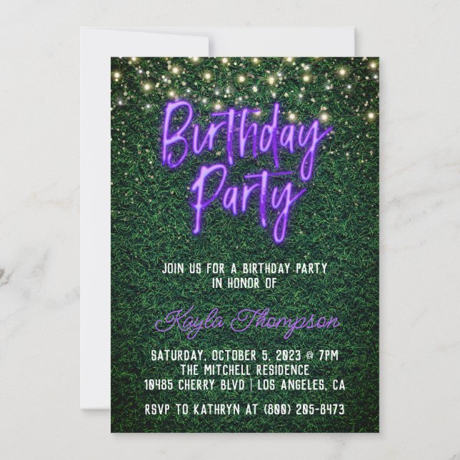 Invitación a la fiesta de cumpleaños de Neon Green (Reverso)