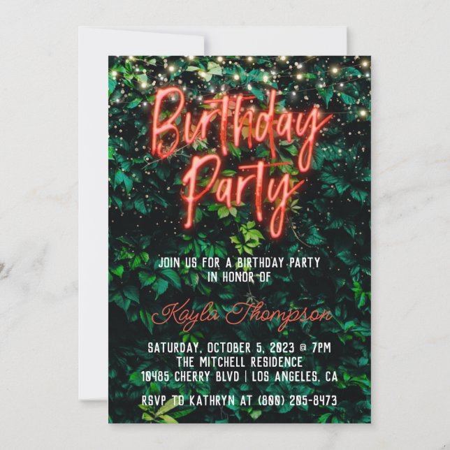 Invitación a la fiesta de cumpleaños de Neon Green (Reverso)