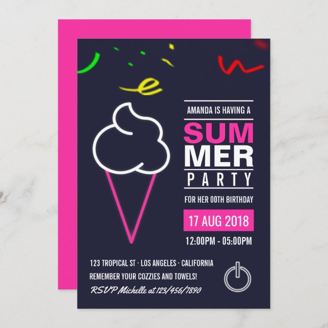Invitación a la fiesta de cumpleaños de Neon Ice C (Anverso / Reverso)