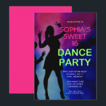 Invitación a la fiesta de cumpleaños de Neon Sweet<br><div class="desc">Una invitación perfecta para un fiesta de danza dulce con temática de club 16. El texto verde neón es un contraste brillante contra el fondo oscuro. Una silueta de adolescentes bailando es el acento perfecto.</div>