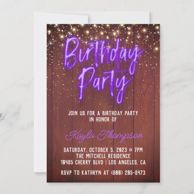 Invitación a la fiesta de cumpleaños de Neon Woode (Reverso)