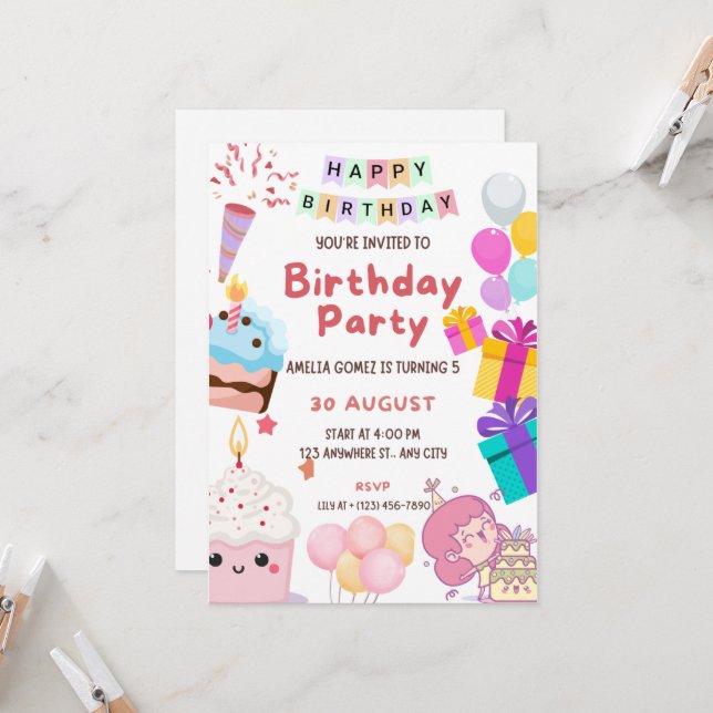 Invitación a la fiesta de cumpleaños de niños pequ (Anverso/Reverso In Situ)